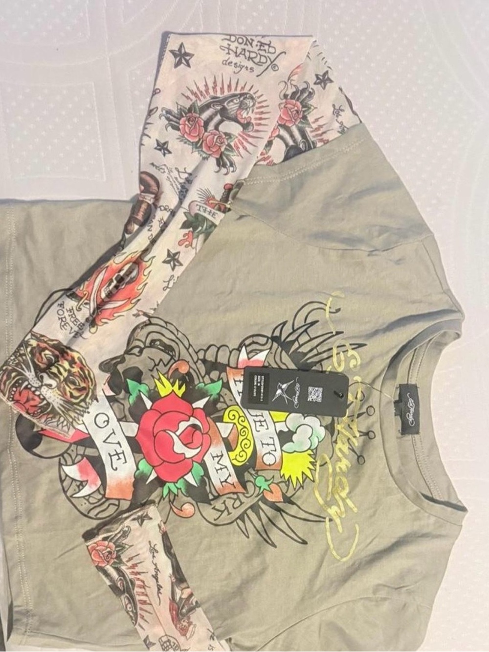 Ed Hardy Women Long Sleeve Tee - Light Olive with Tattoo Print